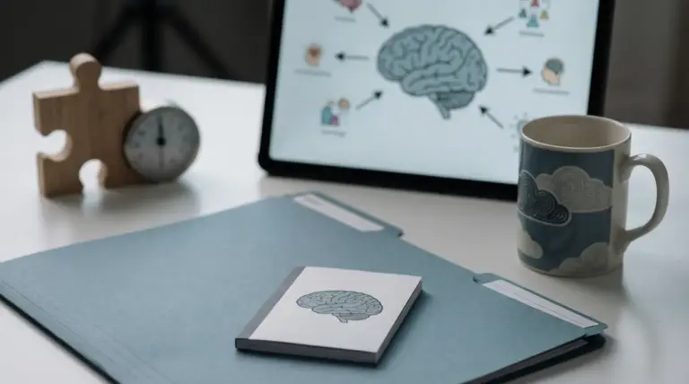 Scrivania con cartella, tazza, taccuino con cervello disegnato e tablet con schema mentale