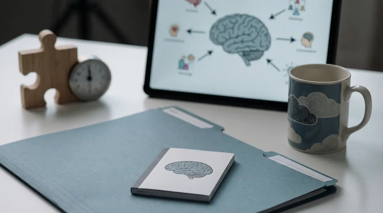 Scrivania con cartella, tazza, taccuino con cervello disegnato e tablet con schema mentale