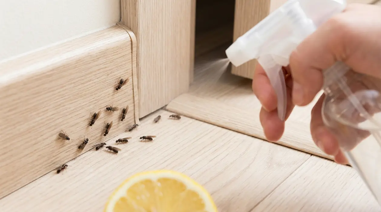 Formiche con le ali vicino a uno zoccolo mentre una mano spruzza un repellente