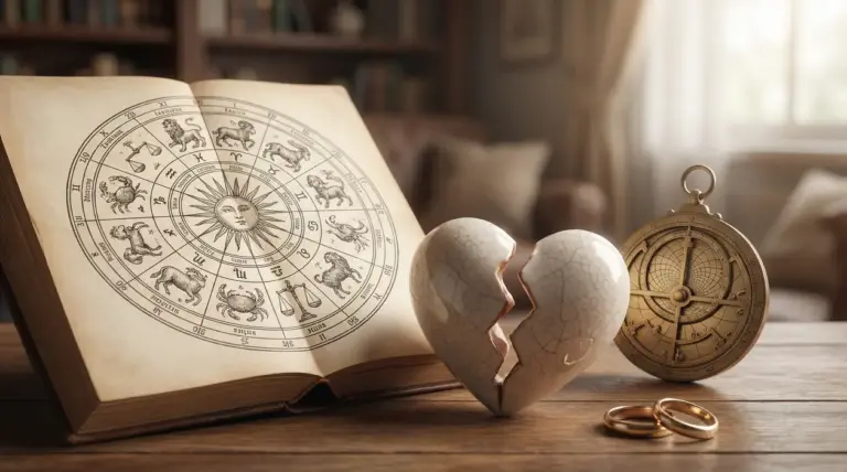 Libro dei segni zodiacali con un cuore spezzato e oggetti astrologici su un tavolo