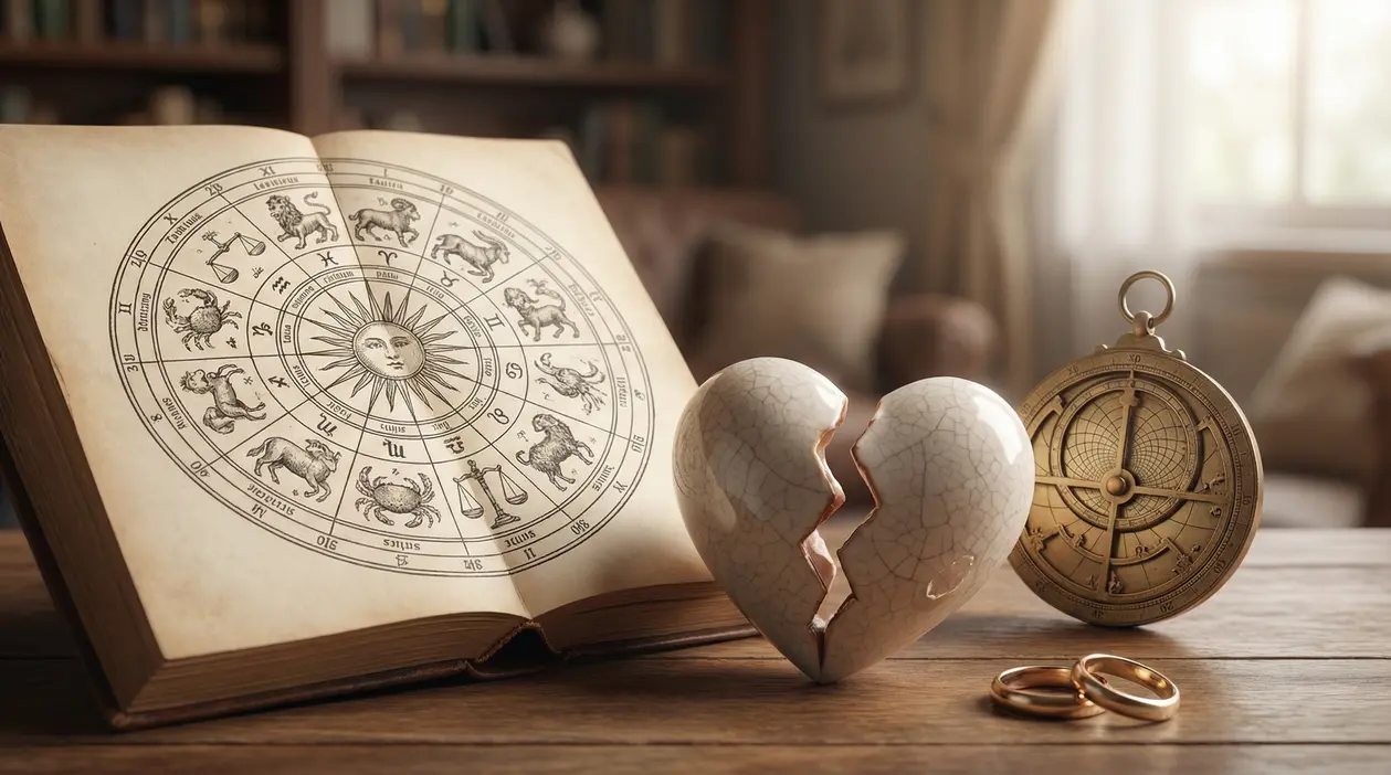 Libro dei segni zodiacali con un cuore spezzato e oggetti astrologici su un tavolo