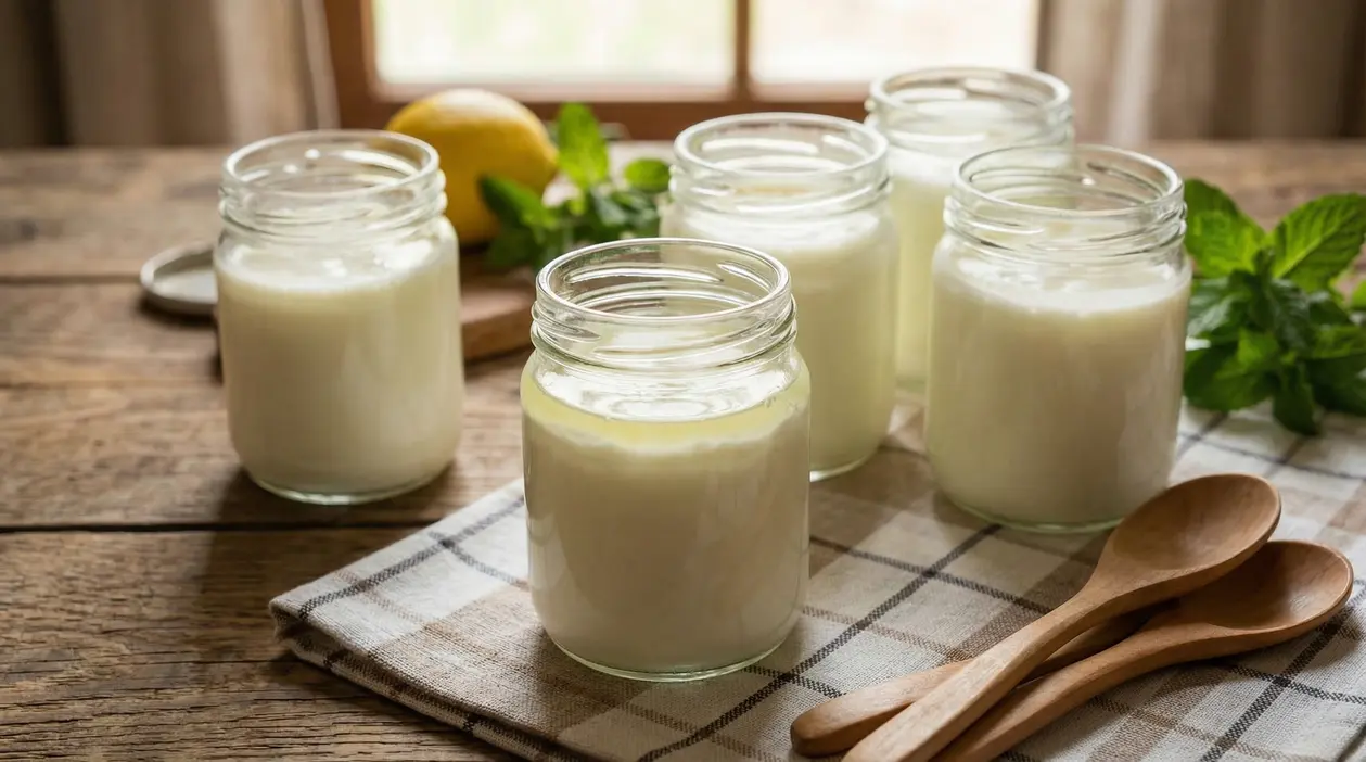 Barattoli di yogurt su un tavolo in legno con cucchiai di legno e foglie di menta