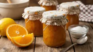 Barattoli di marmellata fatta in casa con arance e limoni su un tavolo rustico