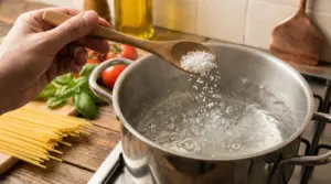 Una mano aggiunge sale grosso in una pentola di acqua bollente per cuocere la pasta