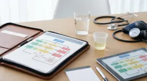 Scrivania con strumenti medici, un campione di urina e schemi clinici stampati e digitali