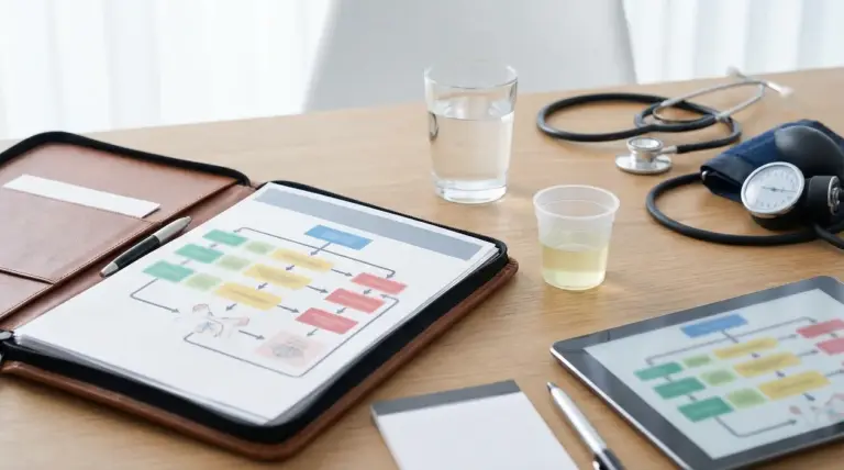 Scrivania con strumenti medici, un campione di urina e schemi clinici stampati e digitali