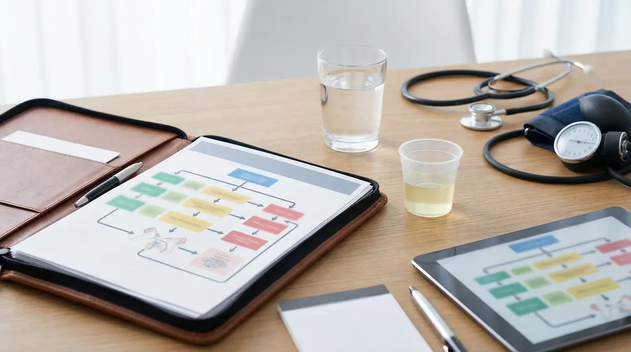 Scrivania con strumenti medici, un campione di urina e schemi clinici stampati e digitali