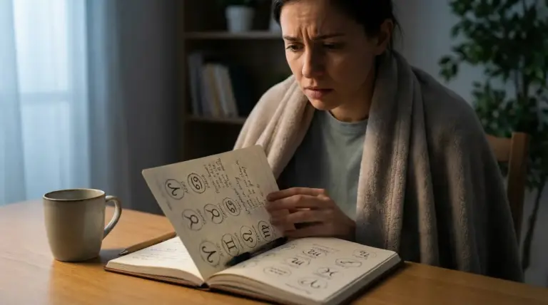 Persona che consulta un quaderno con simboli zodiacali seduta a un tavolo