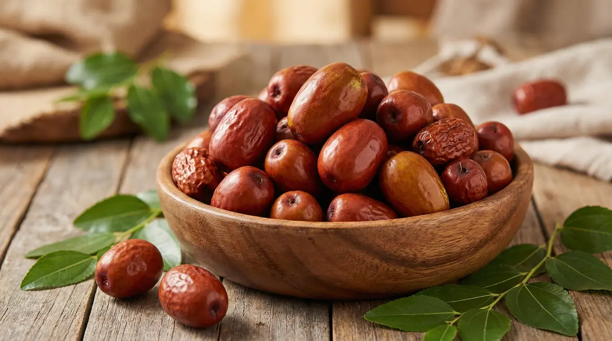 Ciotola in legno con giuggiole mature su tavolo rustico di legno