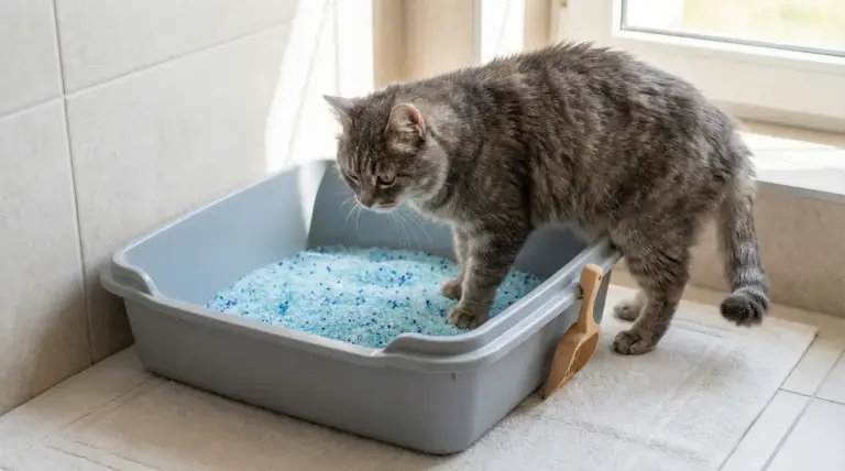 Gatto anziano che utilizza una lettiera con sabbietta in cristalli blu