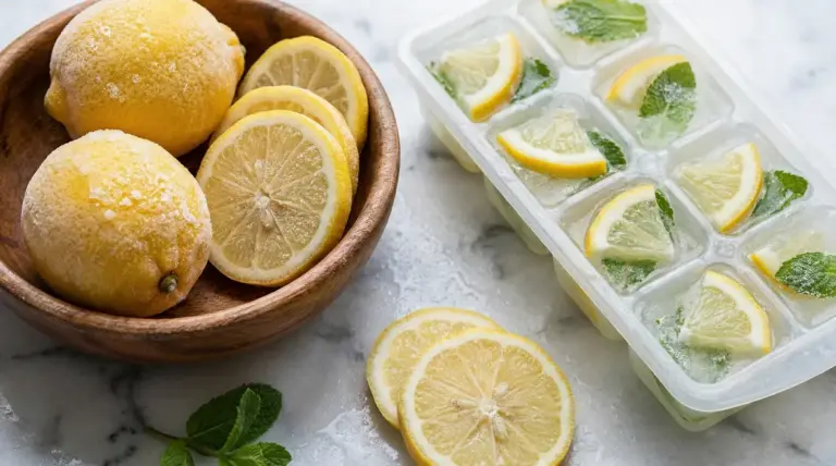 Limoni congelati con fette in una ciotola e cubetti di ghiaccio con limone e menta su un tavolo