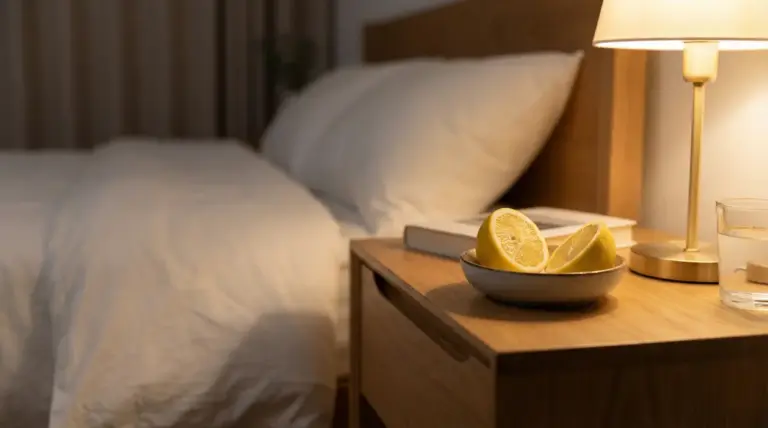 Limone tagliato sul comodino accanto a un letto con lampada e bicchiere d'acqua