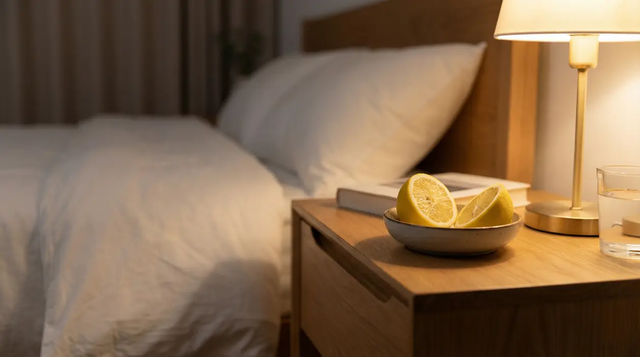 Limone tagliato sul comodino accanto a un letto con lampada e bicchiere d'acqua