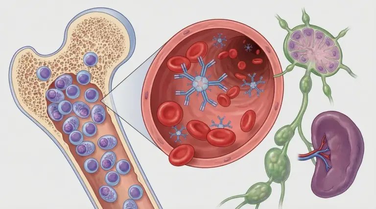 Illustrazione di cellule del midollo osseo, globuli rossi e anticorpi nel sangue legati alla macroglobulinemia di Waldenström