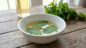 Ciotola con foglie di menta immerse in aceto su un tavolo di legno