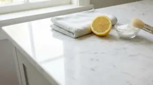 Piano in marmo lucido con limone, bicarbonato, panno e pennello per la pulizia