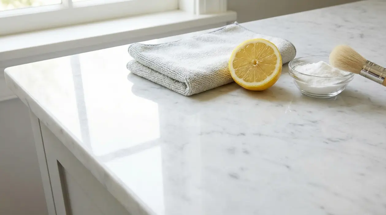 Piano in marmo lucido con limone, bicarbonato, panno e pennello per la pulizia