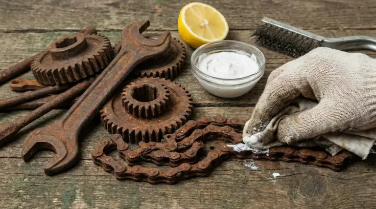 Rimozione della ruggine da ingranaggi e catena con una pasta bianca e guanto da lavoro