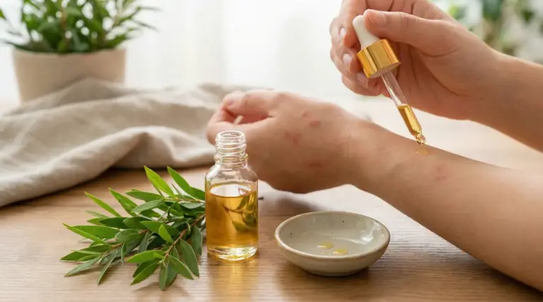 Applicazione di olio di tea tree su una zona irritata della pelle con contagocce