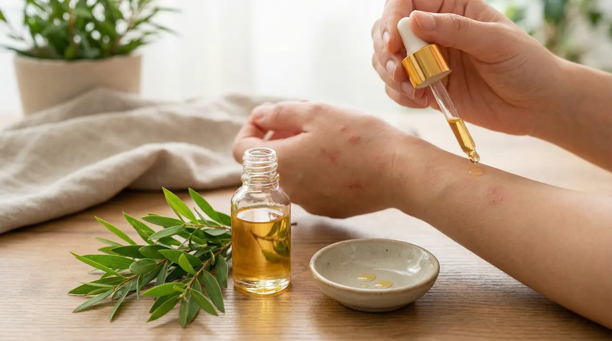 Applicazione di olio di tea tree su una zona irritata della pelle con contagocce