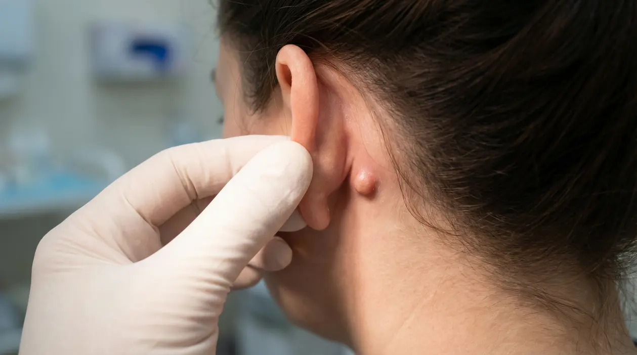 Controllo medico di un nodulo dietro l’orecchio di una persona