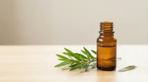 Bottiglietta di vetro ambrato con olio essenziale e foglie di tea tree su un tavolo