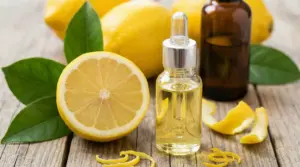 Flacone di olio essenziale con limoni freschi e bucce su tavola di legno
