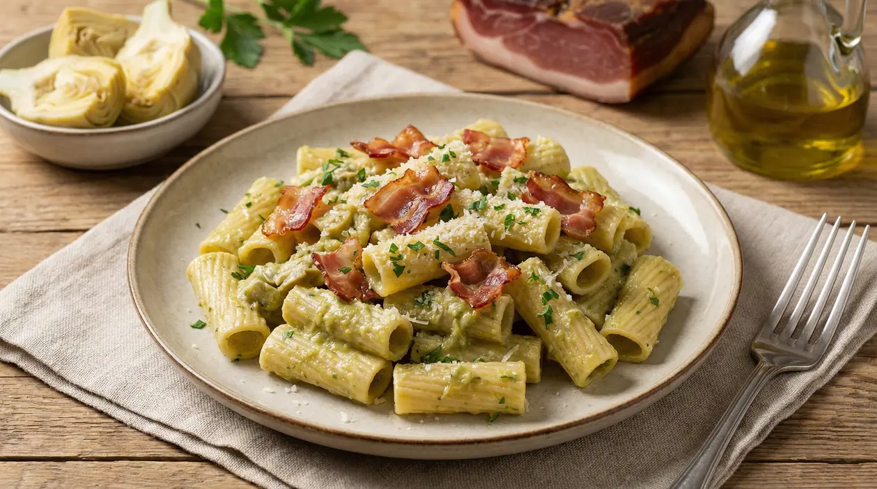Piatto di pasta con crema di carciofi e speck croccante su tavolo rustico