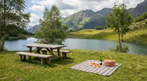 Area picnic con tavolo in legno vicino a un lago alpino in Lombardia