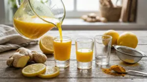 Ingredienti naturali e bicchierini con ginger shot su un tavolo in legno