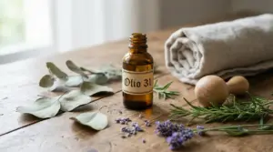 Boccetta di Olio 31 su tavolo in legno con erbe, lavanda e un panno arrotolato