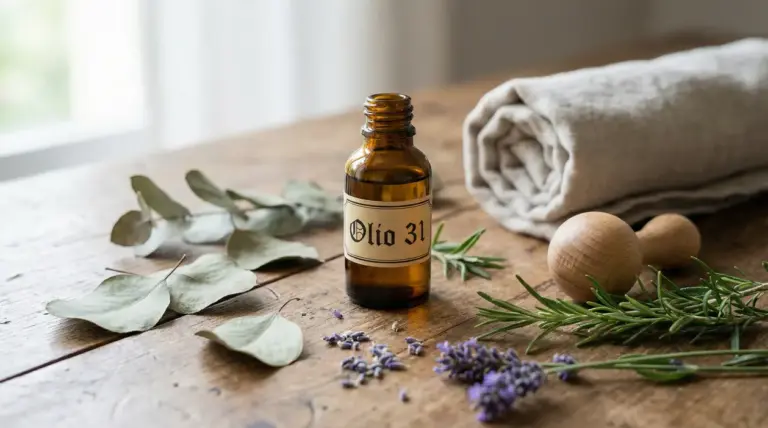 Boccetta di Olio 31 su tavolo in legno con erbe, lavanda e un panno arrotolato