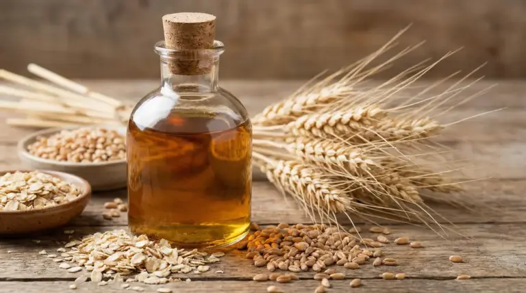 Bottiglia di olio di germe di grano accanto a spighe, fiocchi e chicchi di grano su un tavolo in legno