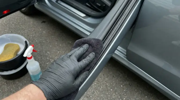 Mano con guanto pulisce il bordo interno di una portiera d’auto con un panno
