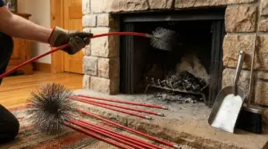 Persona che pulisce la canna fumaria di un caminetto con uno scovolo a setole lunghe