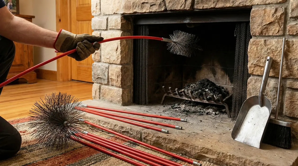 Persona che pulisce la canna fumaria di un caminetto con uno scovolo a setole lunghe