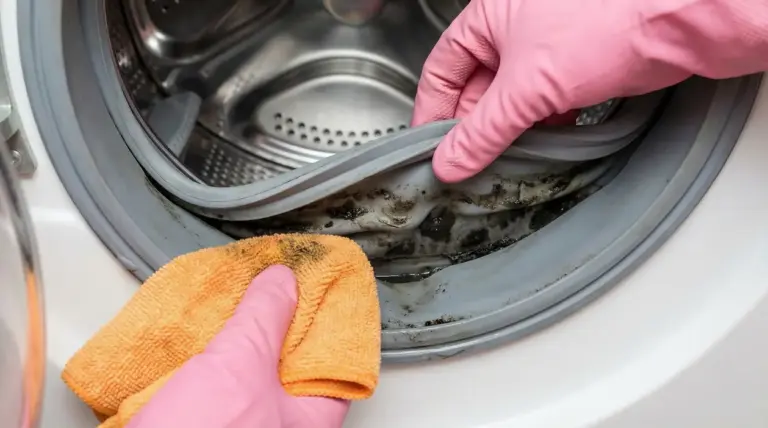 Guarnizione della lavatrice sporca di muffa mentre viene pulita con un panno