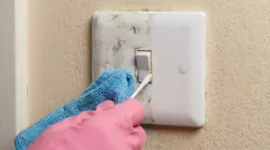 Una mano con guanto rosa pulisce un interruttore della luce sporco con un cotton fioc