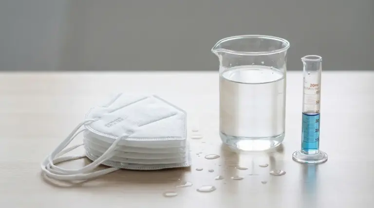 Mascherine FFP2 accanto a un bicchiere d'acqua e una provetta su un tavolo