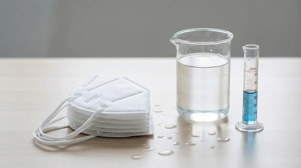 Mascherine FFP2 accanto a un bicchiere d'acqua e una provetta su un tavolo