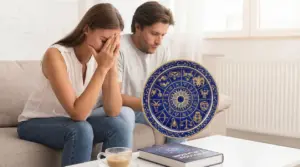 Due persone sedute su un divano con espressioni preoccupate accanto a un grafico zodiacale.