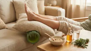 Persona con le gambe sollevate su un cuscino, accanto a rimedi naturali su un tavolo