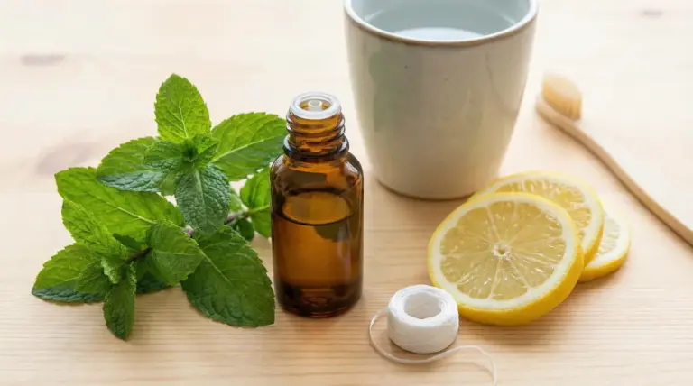 Ingredienti naturali per l'igiene orale come menta, limone, olio essenziale e filo interdentale