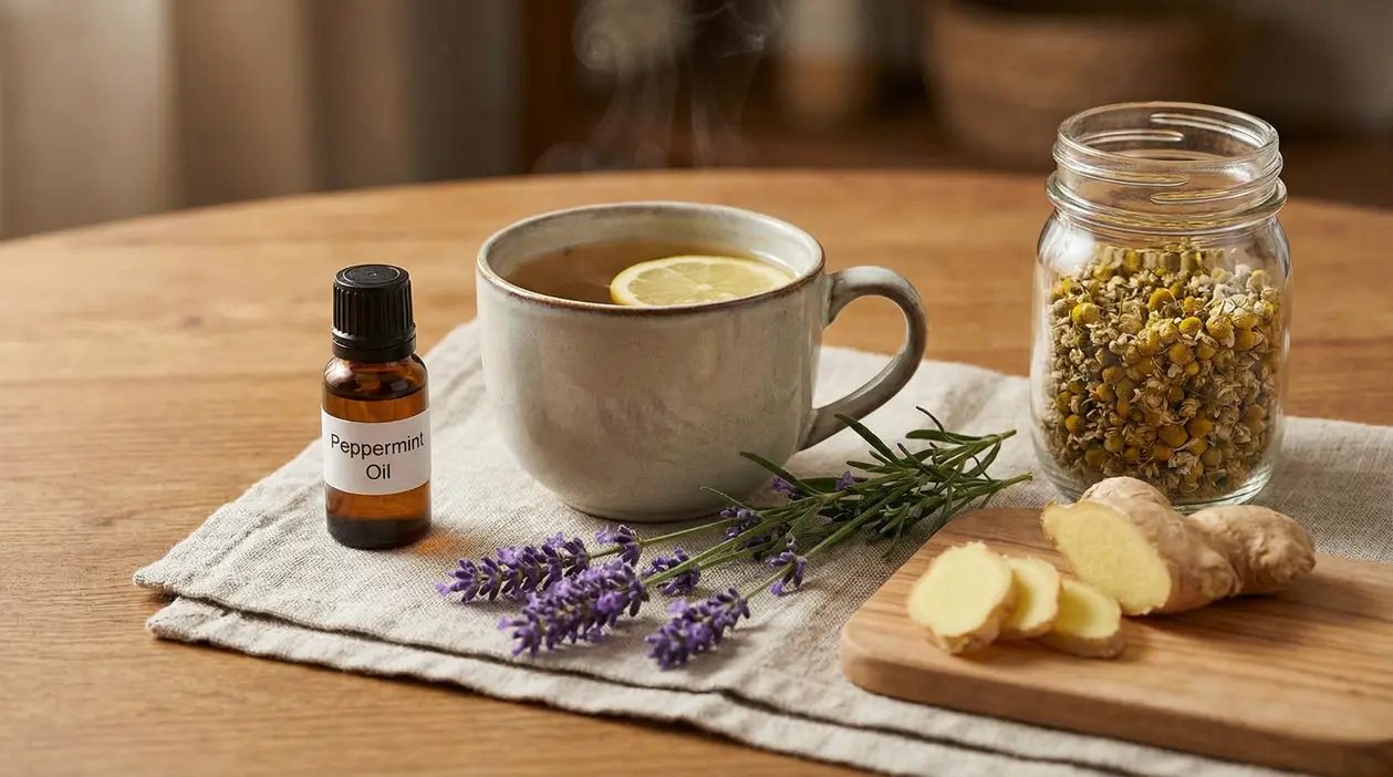 Tisana con limone, oli essenziali e ingredienti naturali su un tavolo di legno