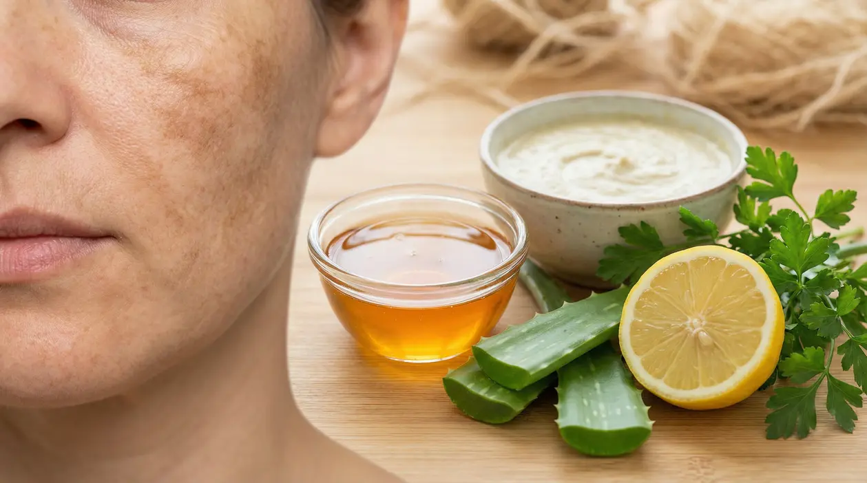 Viso con melasma accanto a ingredienti naturali come miele, aloe vera, limone e crema