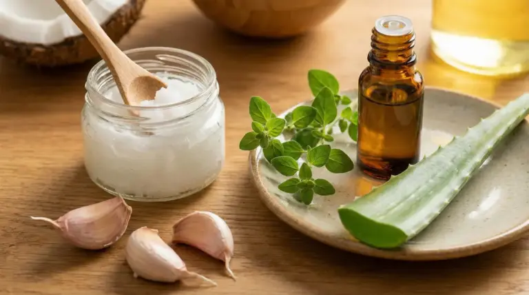 Ingredienti naturali come olio di cocco, aglio, aloe vera e oli essenziali su un tavolo di legno