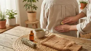 Applicazione di un unguento naturale sulla schiena di una persona con prodotti erboristici sul tavolo