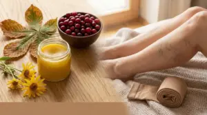 Gambe con vene visibili accanto a rimedi naturali come crema, frutti rossi e foglie