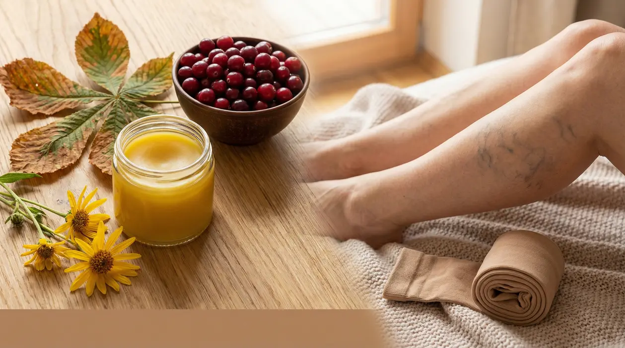 Gambe con vene visibili accanto a rimedi naturali come crema, frutti rossi e foglie