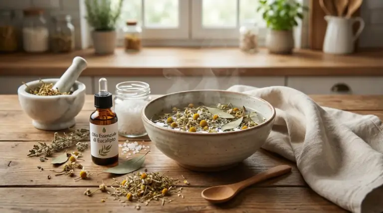 Ciotola con infuso di erbe, olio essenziale di eucalipto e altri rimedi naturali su un tavolo in legno